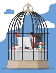 Artwork of business man caged
