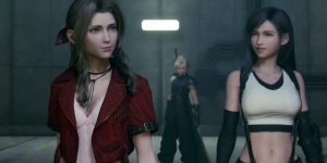 Screen capture of Aerith and Tifa chatting with Cloud in the background